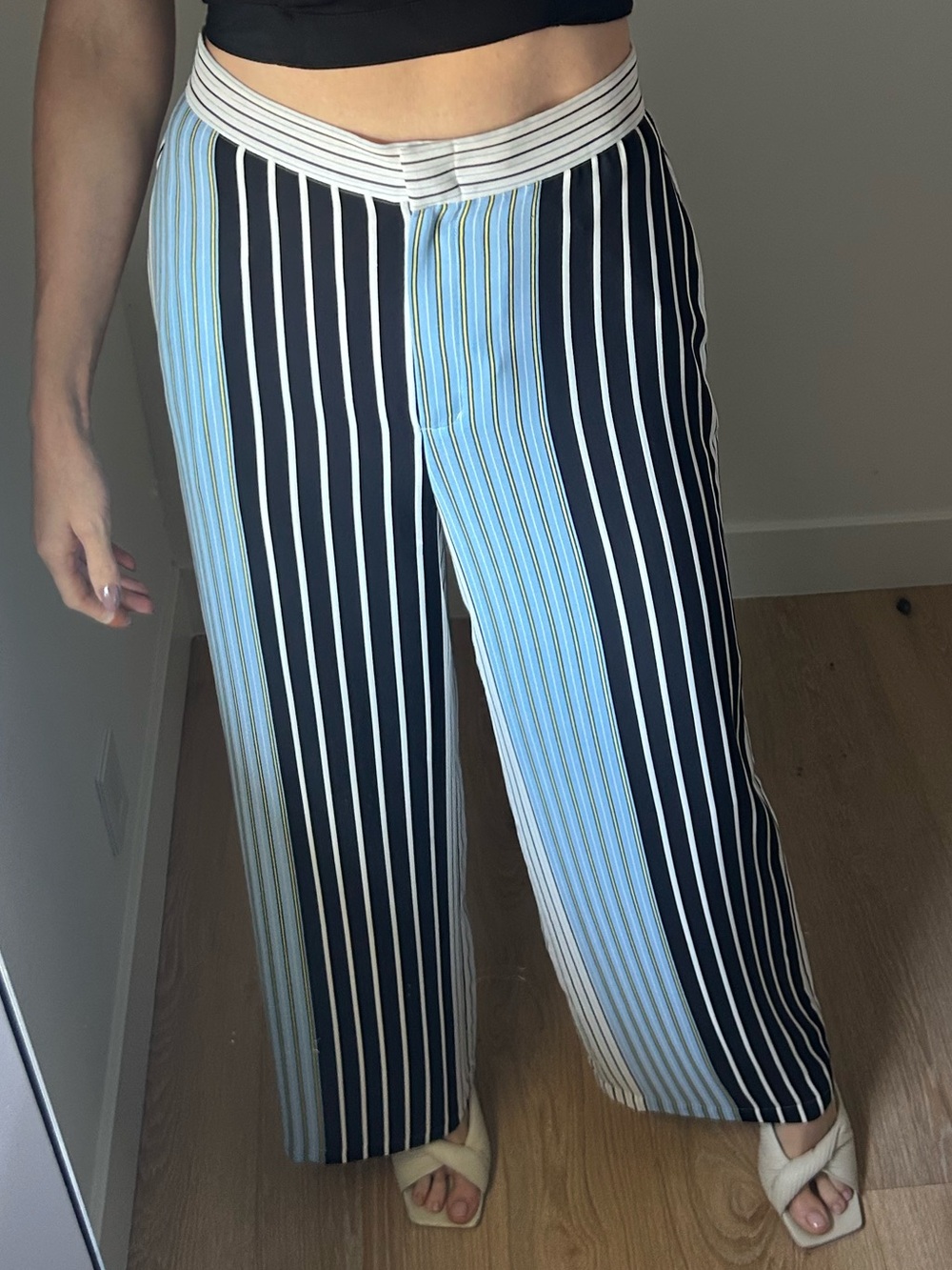 BCBGMaxAzria Navy and Light Blue Vertical-Stripe Wide-Leg Pants
